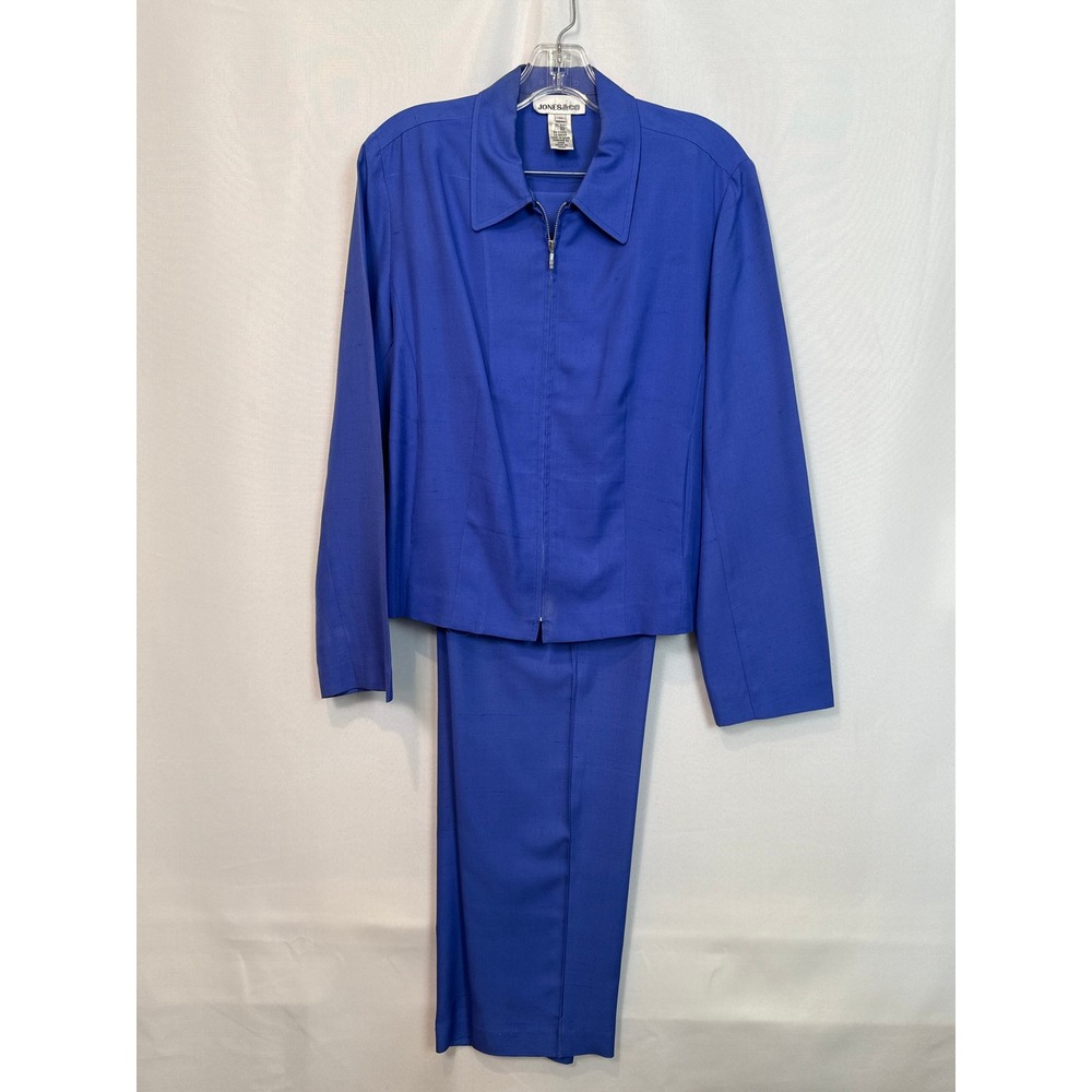 Jones & Co Pant Suit Womens Size M Blue Silk Vintage Zip Jacket Straight Leg